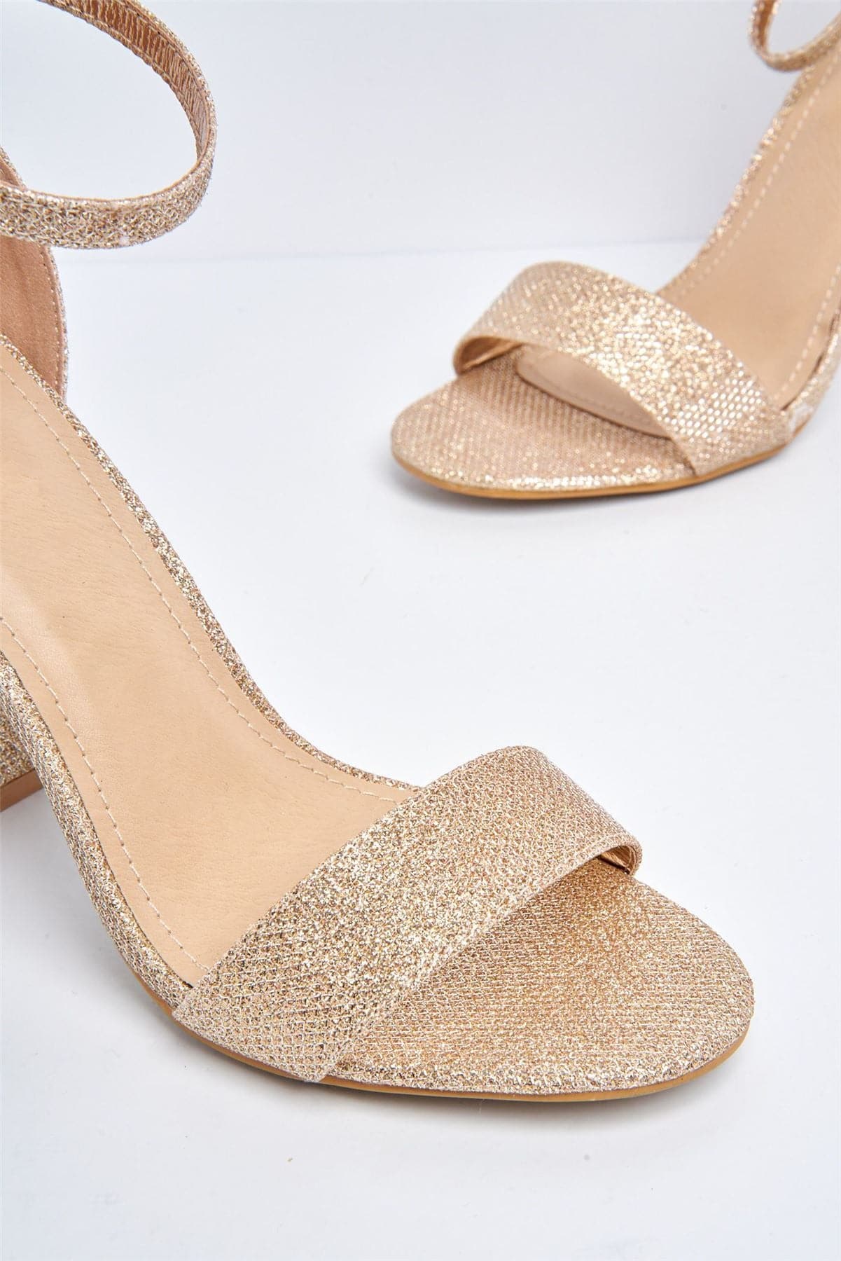 May Barely There Block Heel Ankle Strap Sandal in Rose Gold Mesh - Image 5