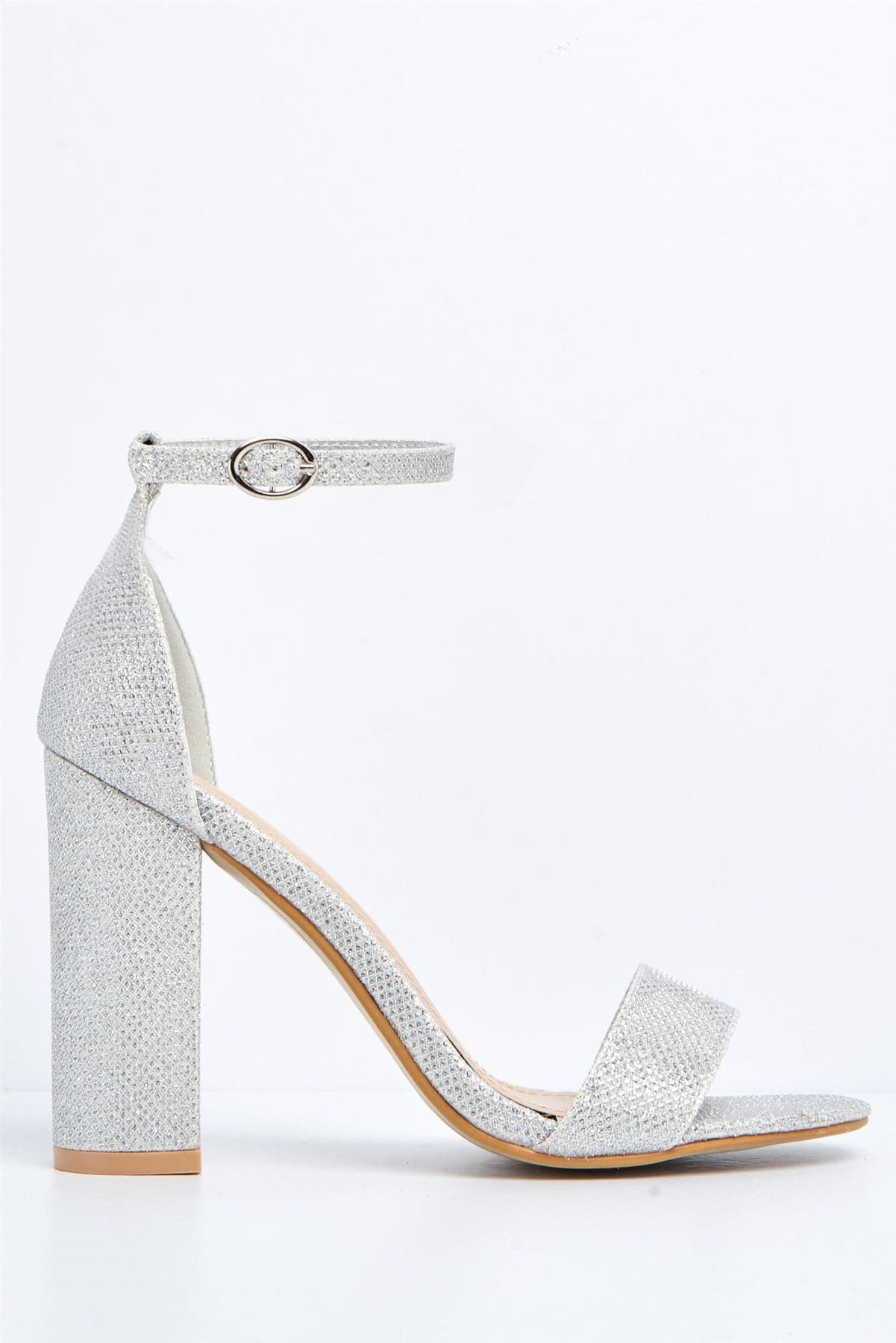 May Barely There Block Heel Ankle Strap Sandal in Silver Mesh - Image 4