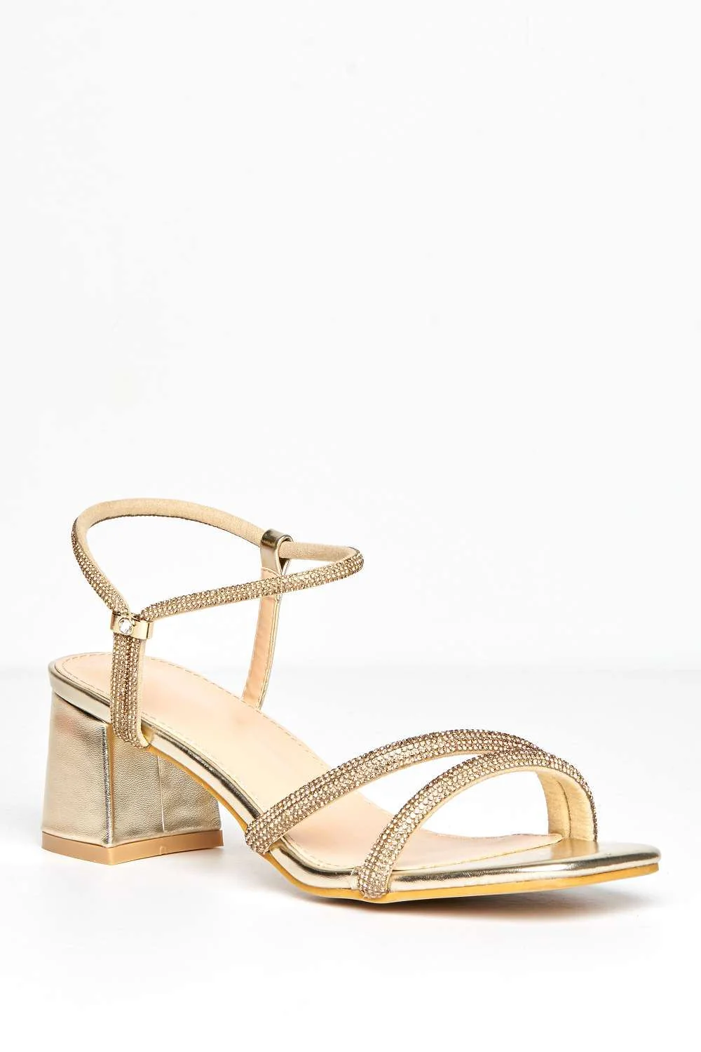 Meena Diamante Embellished Square Toe Block Heel Sandals in Gold - Image 4