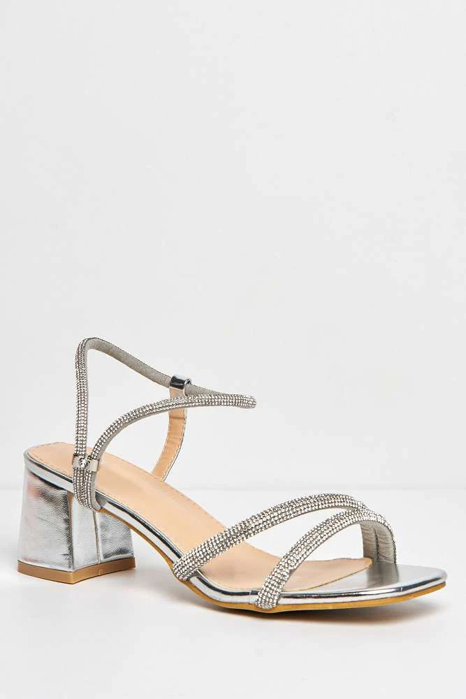 Meena Diamante Embellished Square Toe Block Heel Sandals in Silver - Image 4