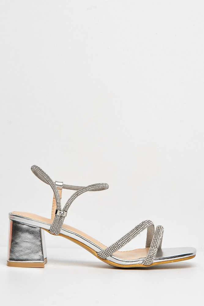Meena Diamante Embellished Square Toe Block Heel Sandals in Silver - Image 5