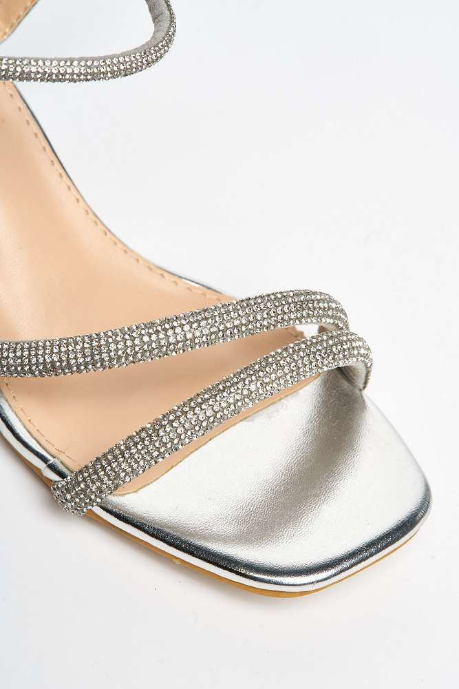 Meena Diamante Embellished Square Toe Block Heel Sandals in Silver - Image 6