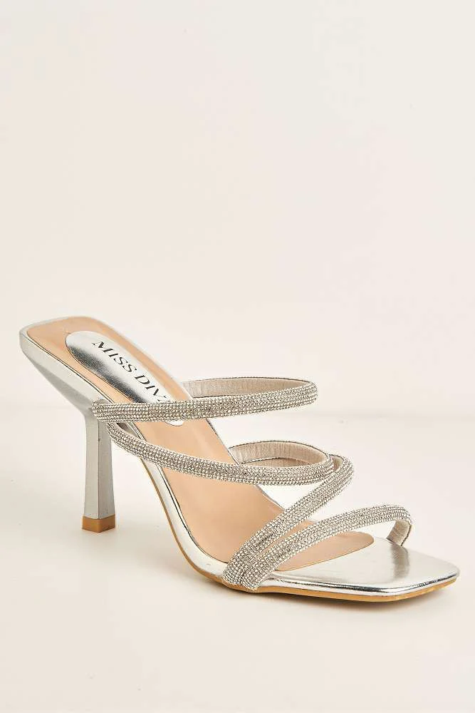Meiria 3 Diamante Strap High Heel Mules in Silver - Image 4