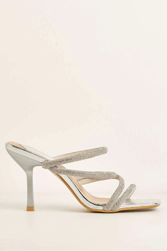 Meiria 3 Diamante Strap High Heel Mules in Silver - Image 6