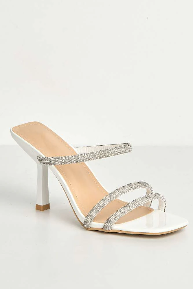 Meiria 3 Diamante Strap High Heel Mules in White - Image 4