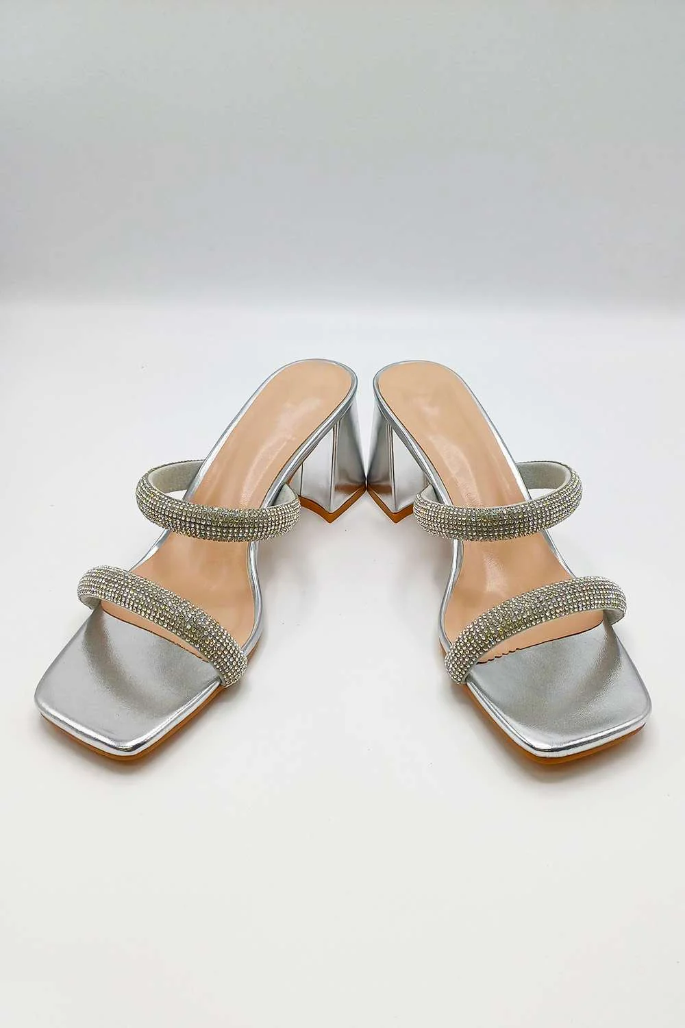Melina Block Heel Diamante Embellished Mules in Silver - Image 2