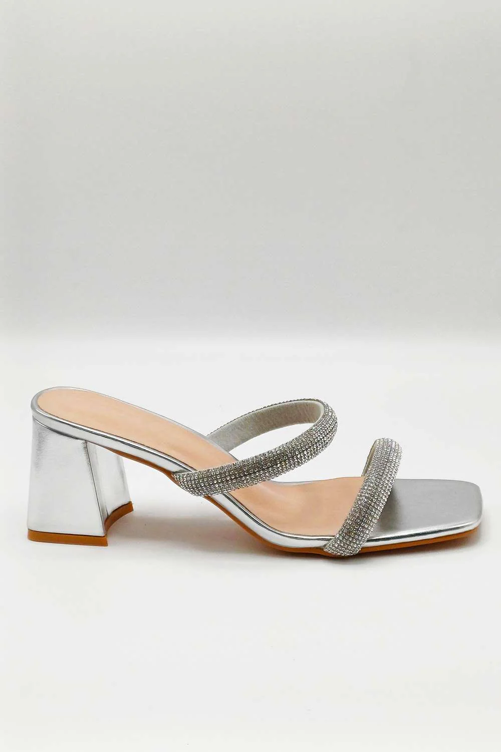Melina Block Heel Diamante Embellished Mules in Silver - Image 3