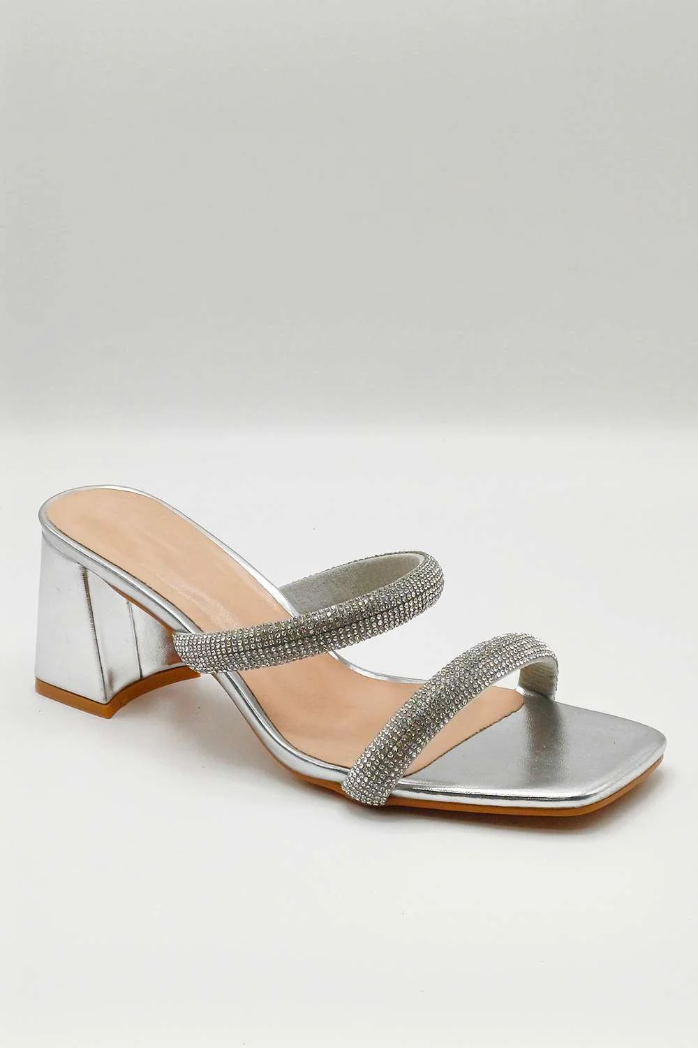 Melina Block Heel Diamante Embellished Mules in Silver - Image 4
