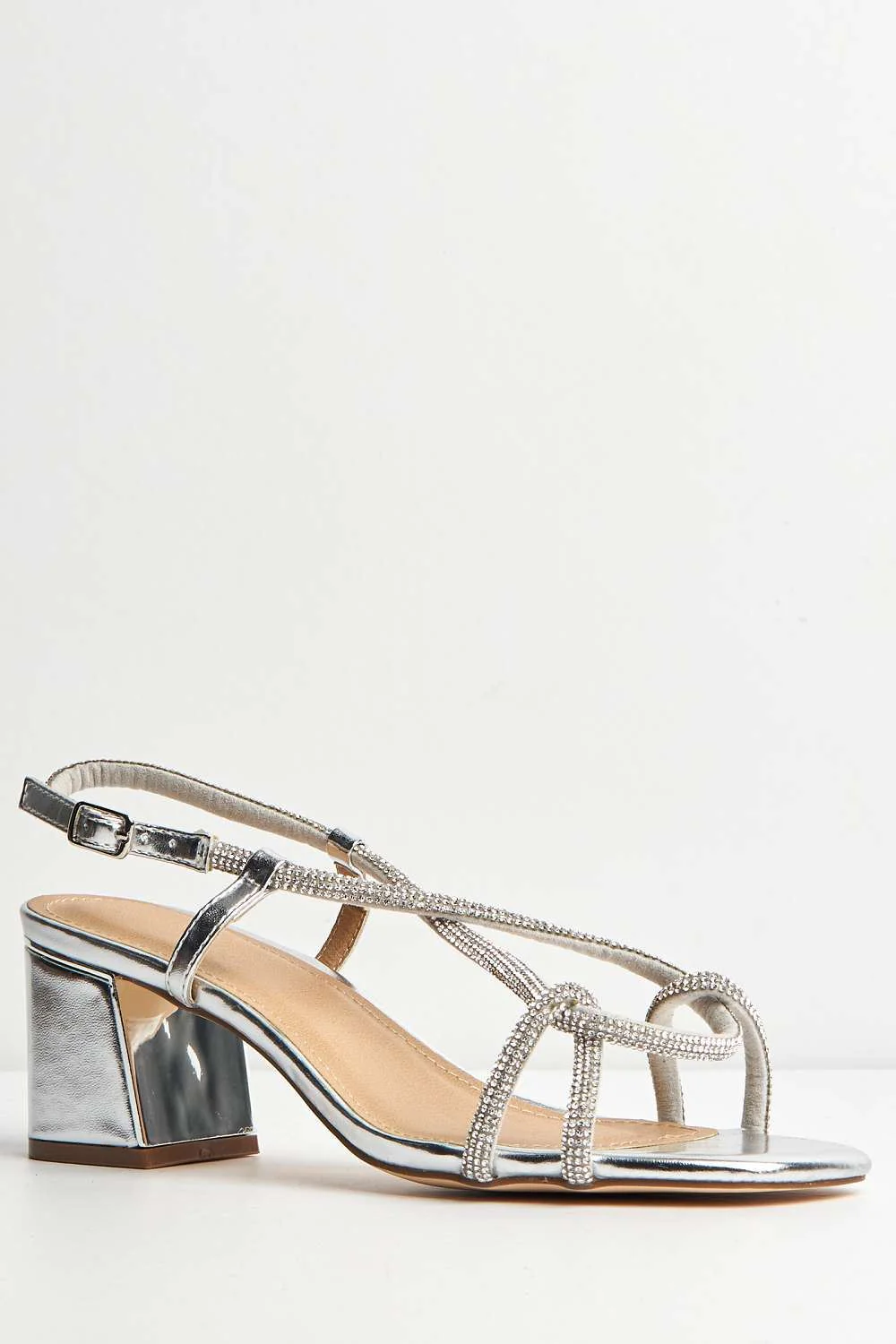 Melodi Diamante Embellished Wide Fit Block Heel Sandals in Silver - Image 4