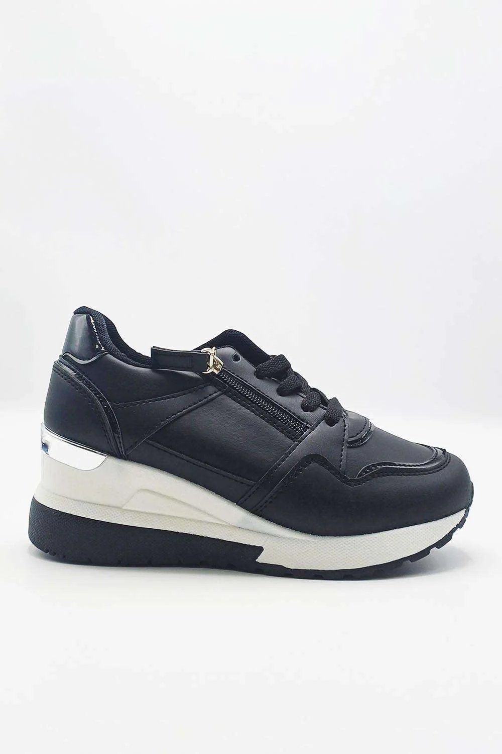Merdi Zip Detail Lace Up Trainers in Black - Image 2