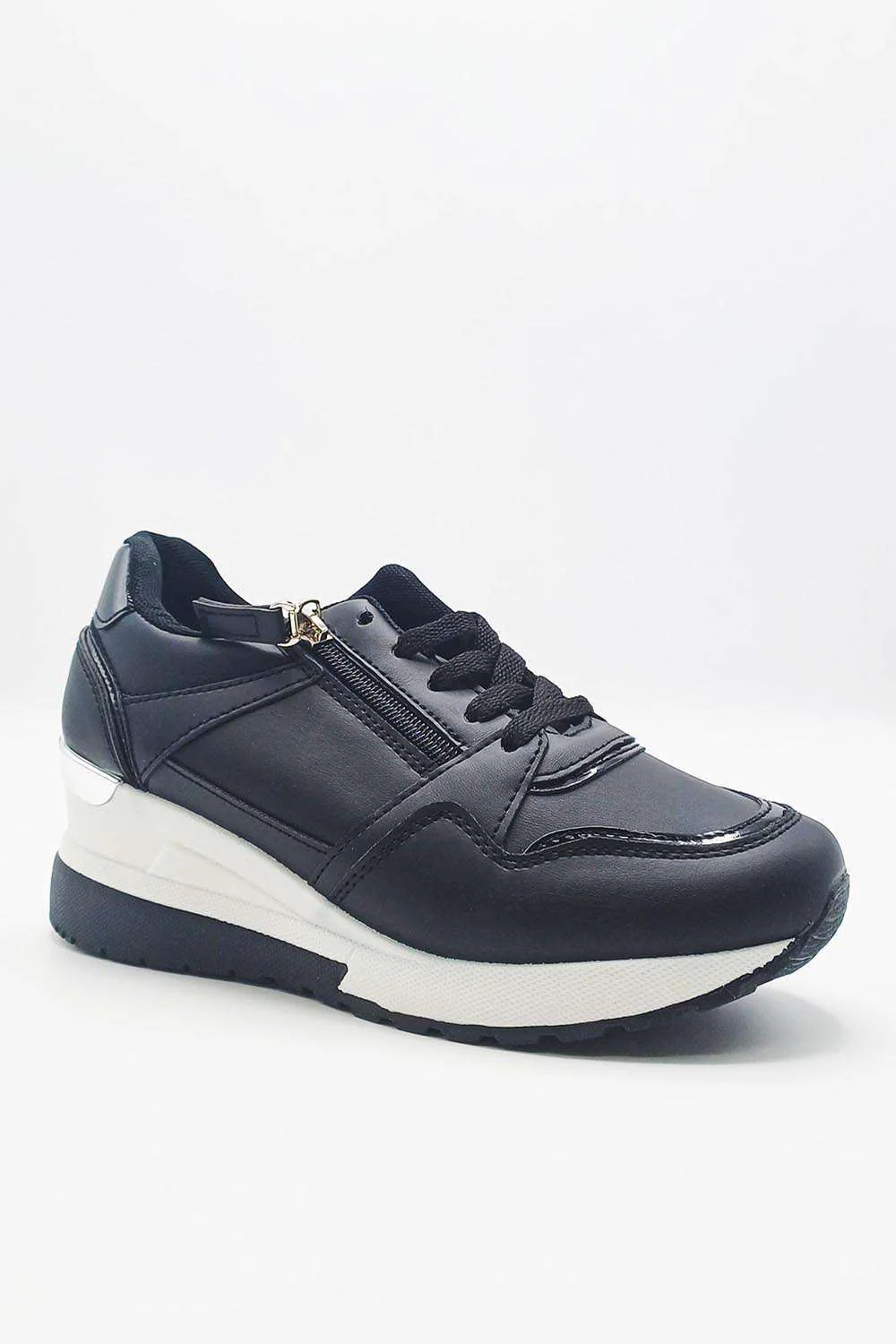 Merdi Zip Detail Lace Up Trainers in Black - Image 3
