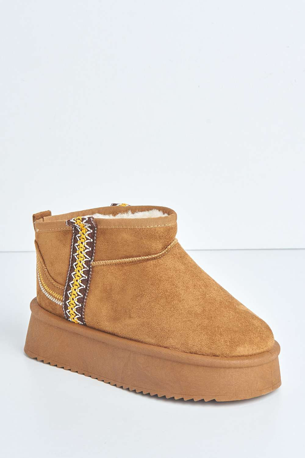 Mianee Embroidered Faux Fur Lining Chunky Sole Ankle Boots in Camel - Image 4