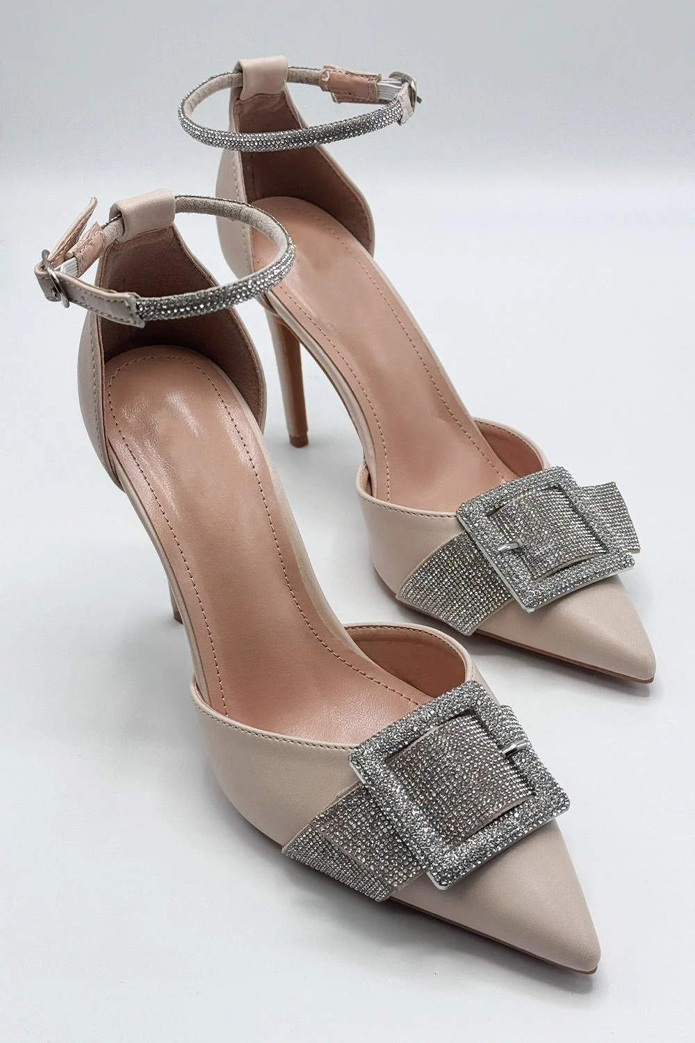 Michaela Diamante Clasp Detail Ankle Strap Court Shoes in Beige - Image 3