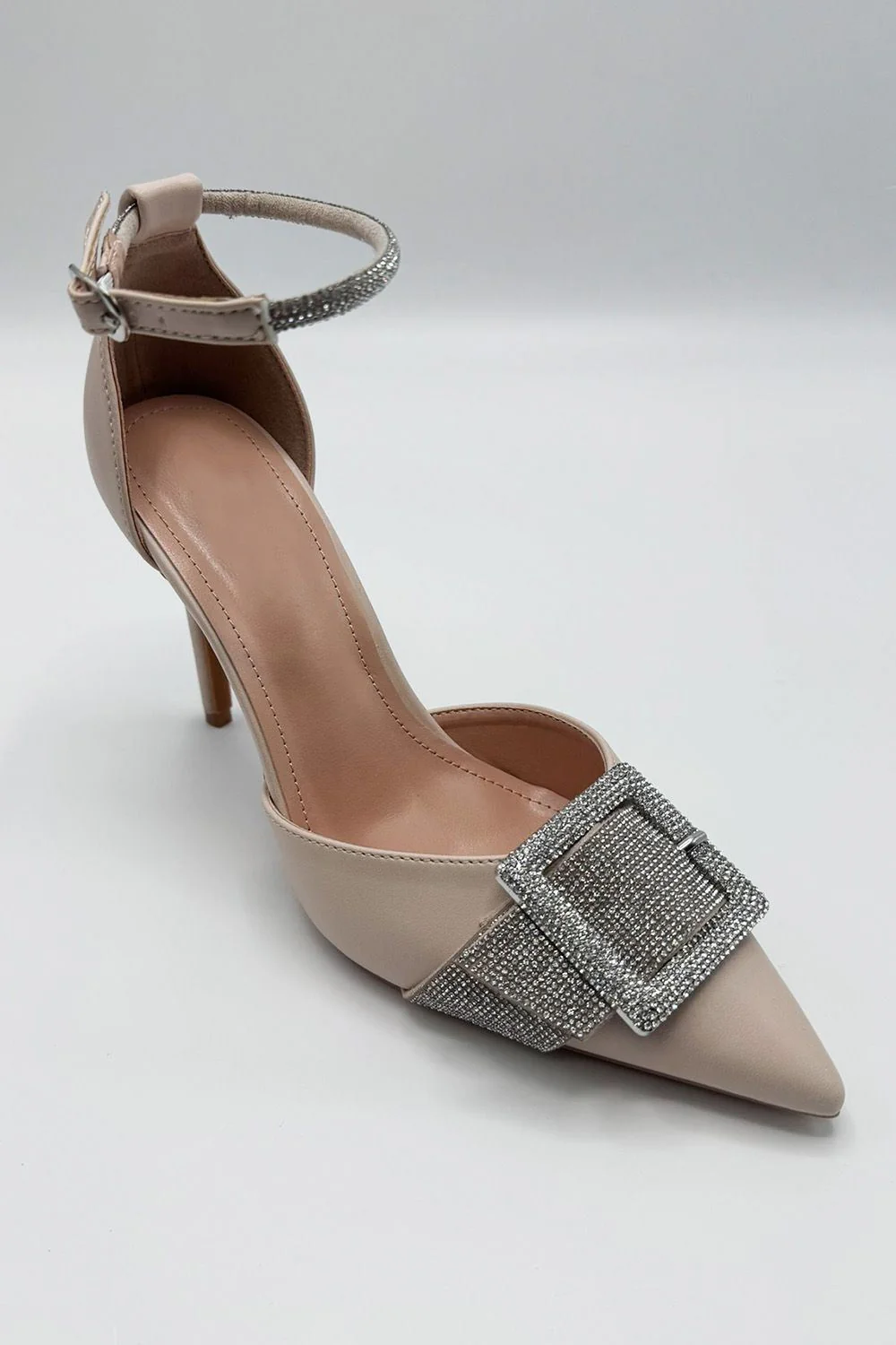 Michaela Diamante Clasp Detail Ankle Strap Court Shoes in Beige - Image 4