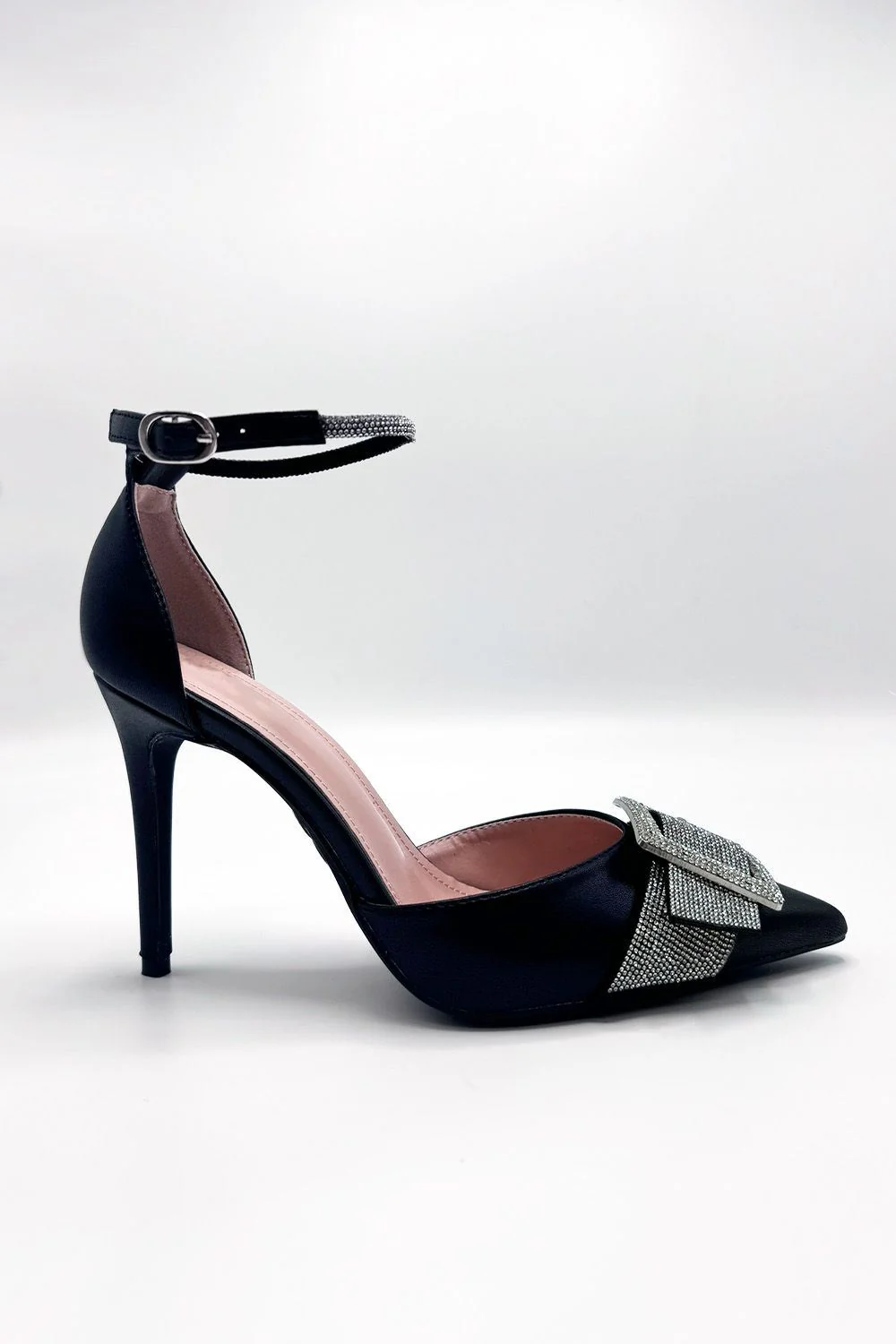 Michaela Diamante Clasp Detail Ankle Strap Court Shoes in Black - Image 2