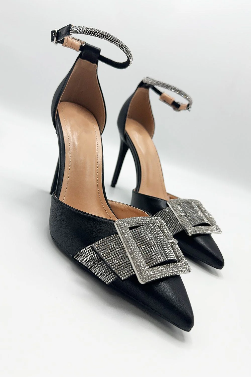 Michaela Diamante Clasp Detail Ankle Strap Court Shoes in Black - Image 3
