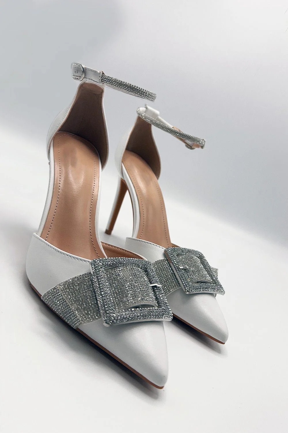 Michaela Diamante Clasp Detail Ankle Strap Court Shoes in White - Image 2