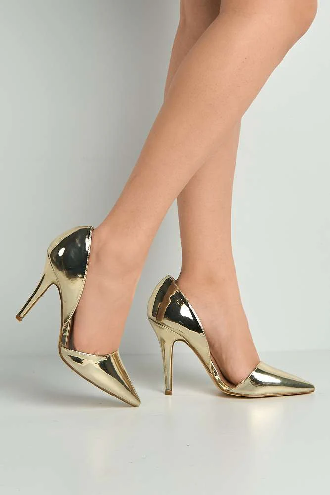 Milaya Cut-out Side Pointed Toe Court Shoes in Gold Metallic - Image 3