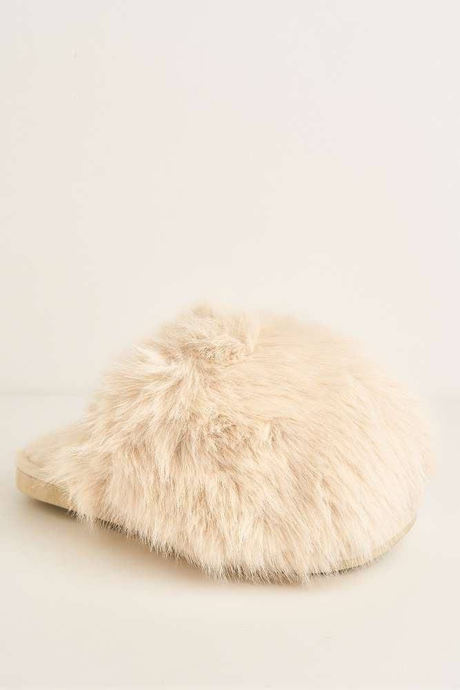 Mimi Fluffy Flat Slippers in Beige - Image 4