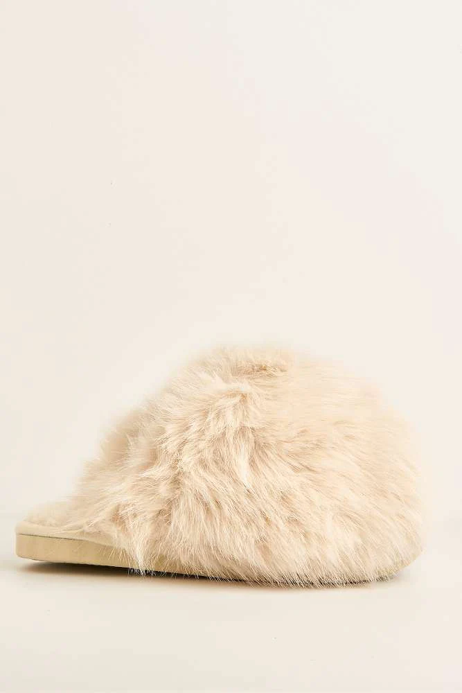 Mimi Fluffy Flat Slippers in Beige - Image 6