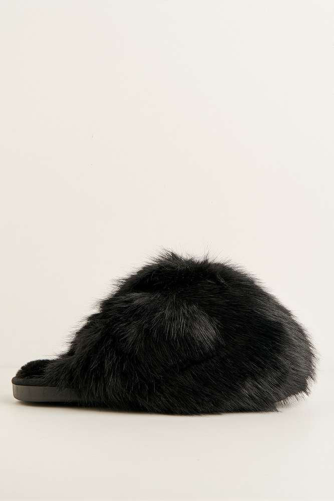 Mimi Fluffy Flat Slippers in Black - Image 6