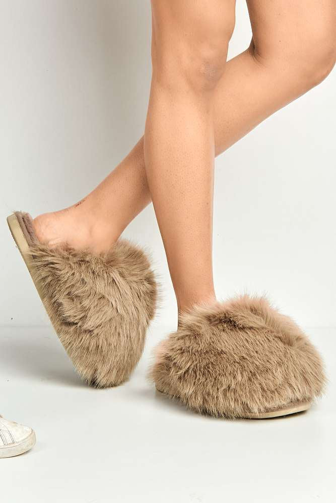 Mimi Fluffy Flat Slippers in Taupe - Image 2