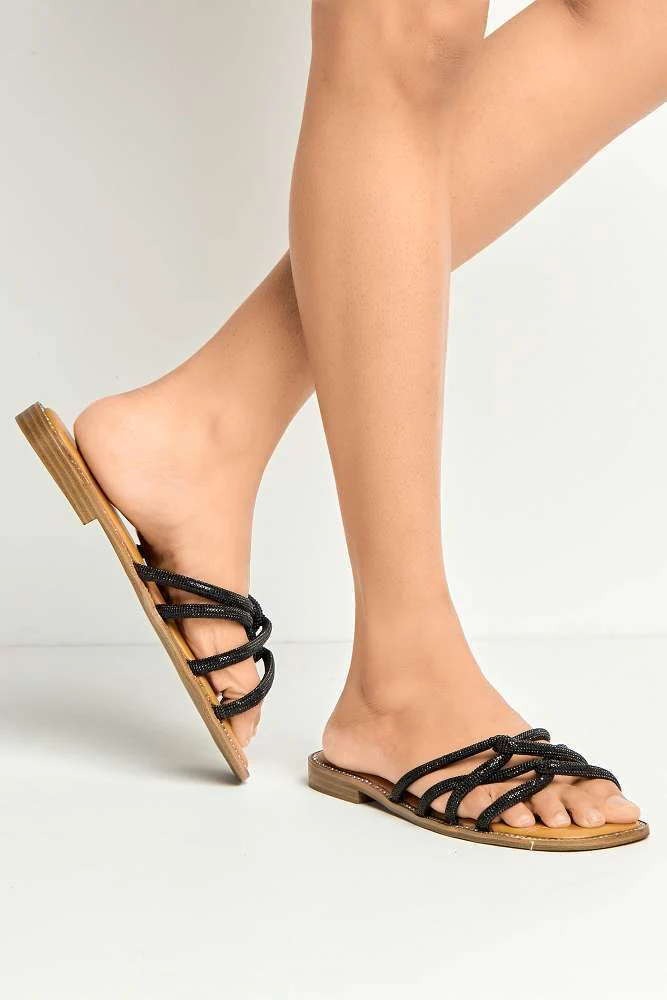 Minerva Diamante Plaited 3 Strap Sliders in Black - Image 2