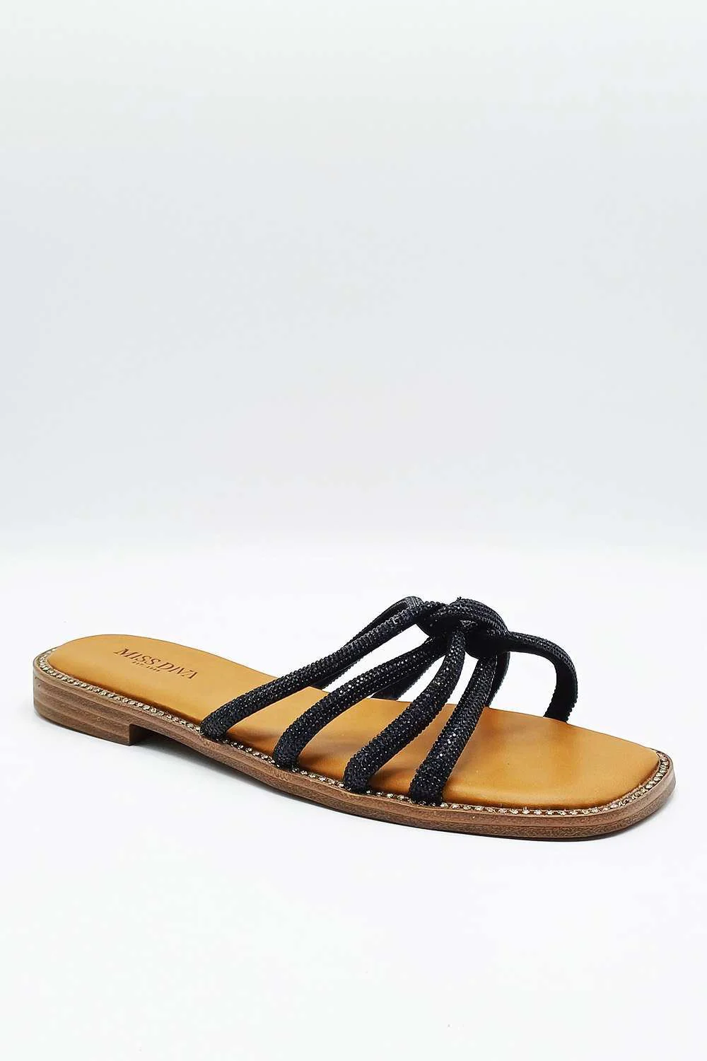 Minerva Diamante Plaited 3 Strap Sliders in Black - Image 5