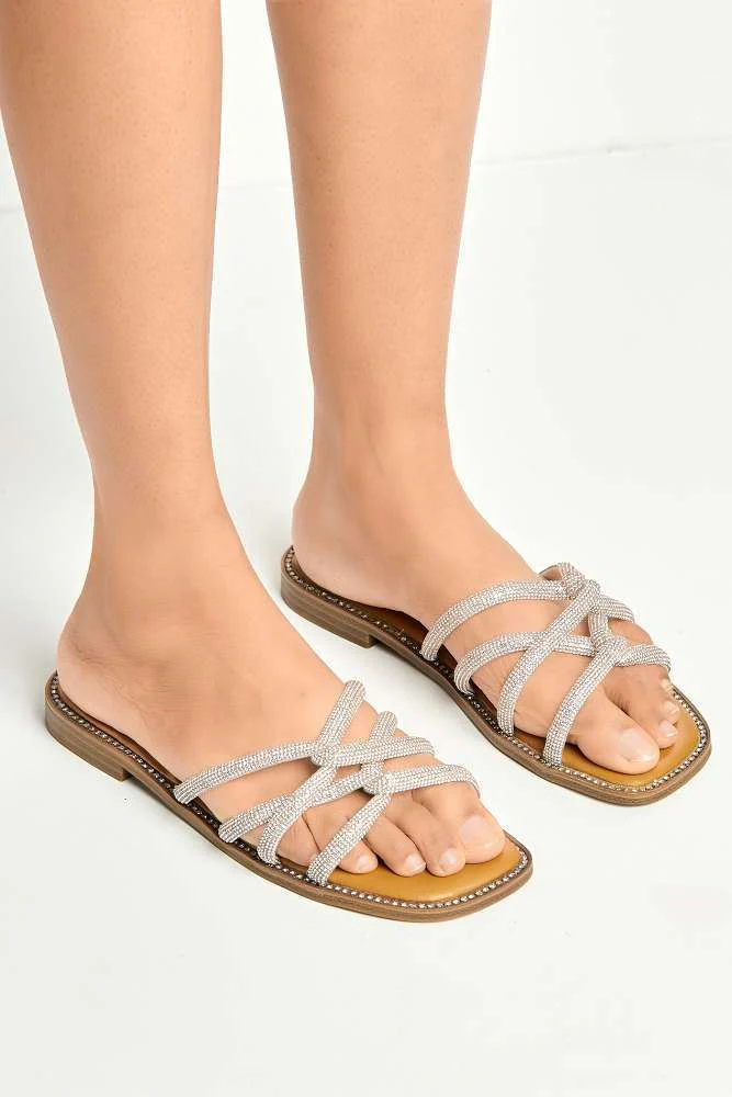 Minerva Diamante Plaited 3 Strap Sliders in Silver - Image 3