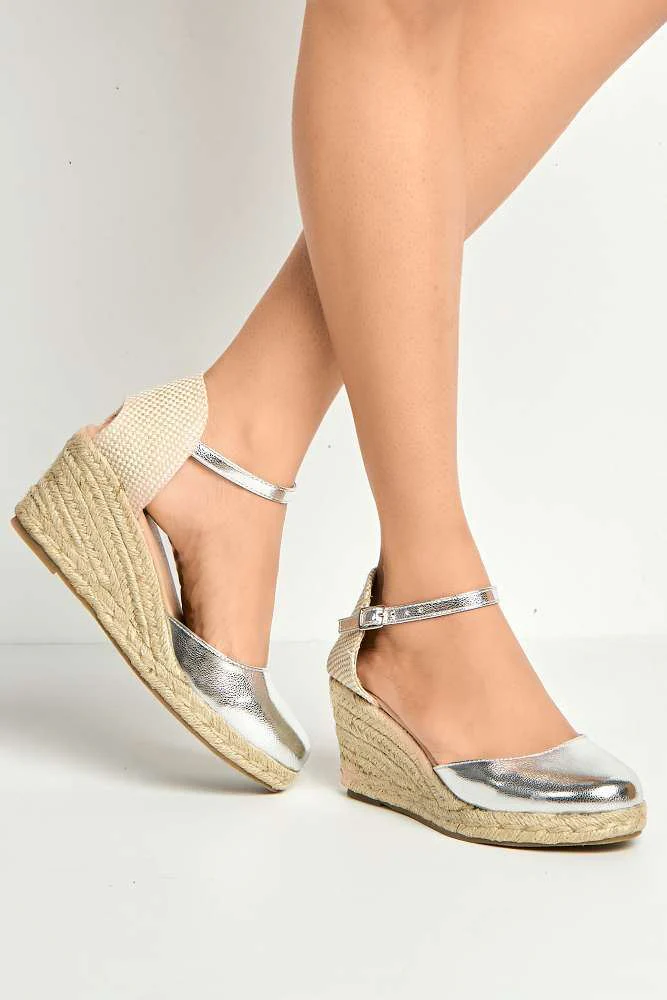 Mira Closed Toe Anklestrap Wedges in Silver - Image 2