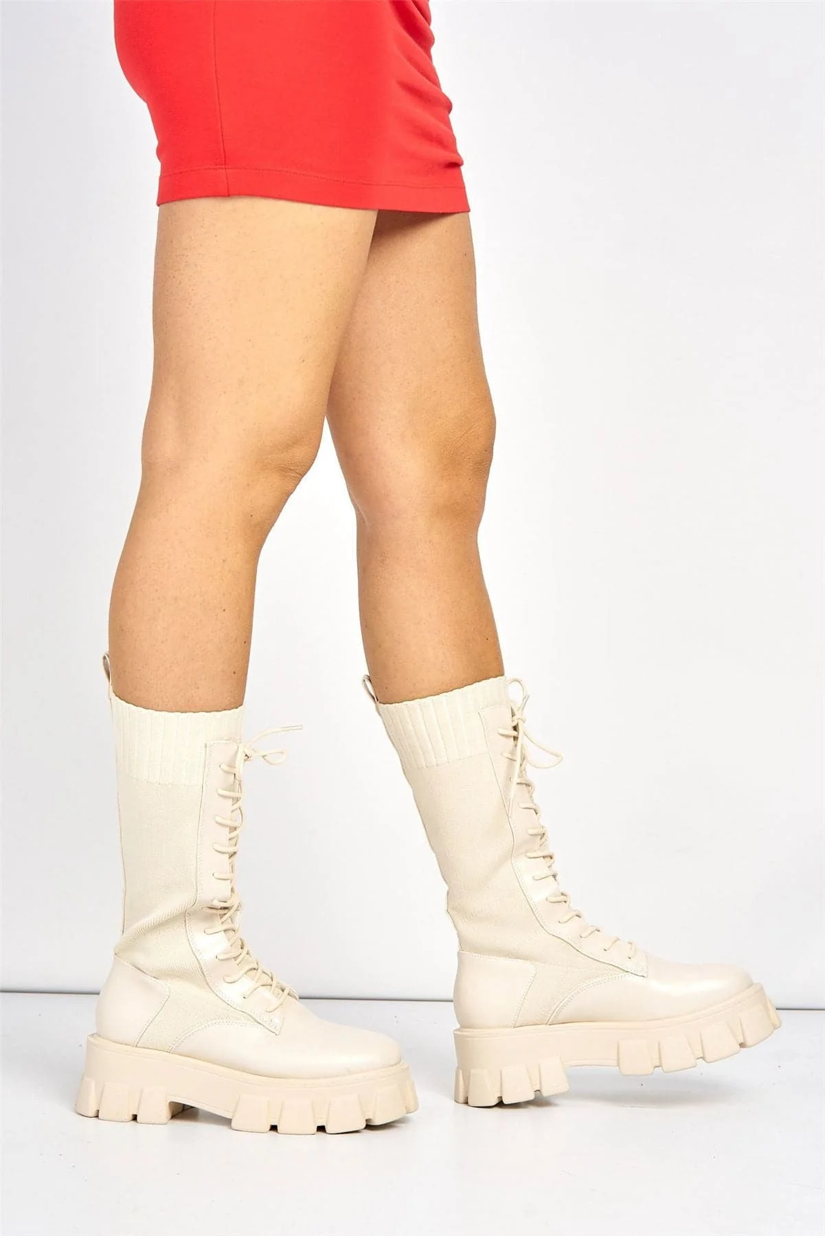 Monica Chunky Lace-up Calf Boot in Beige - Image 3