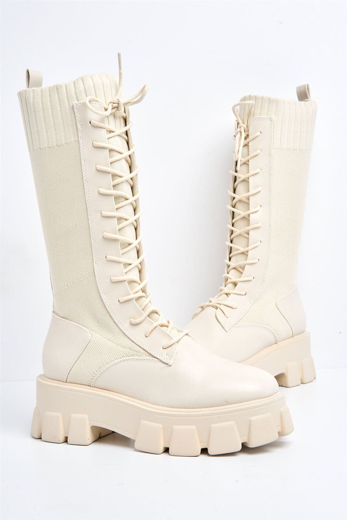 Monica Chunky Lace-up Calf Boot in Beige - Image 5