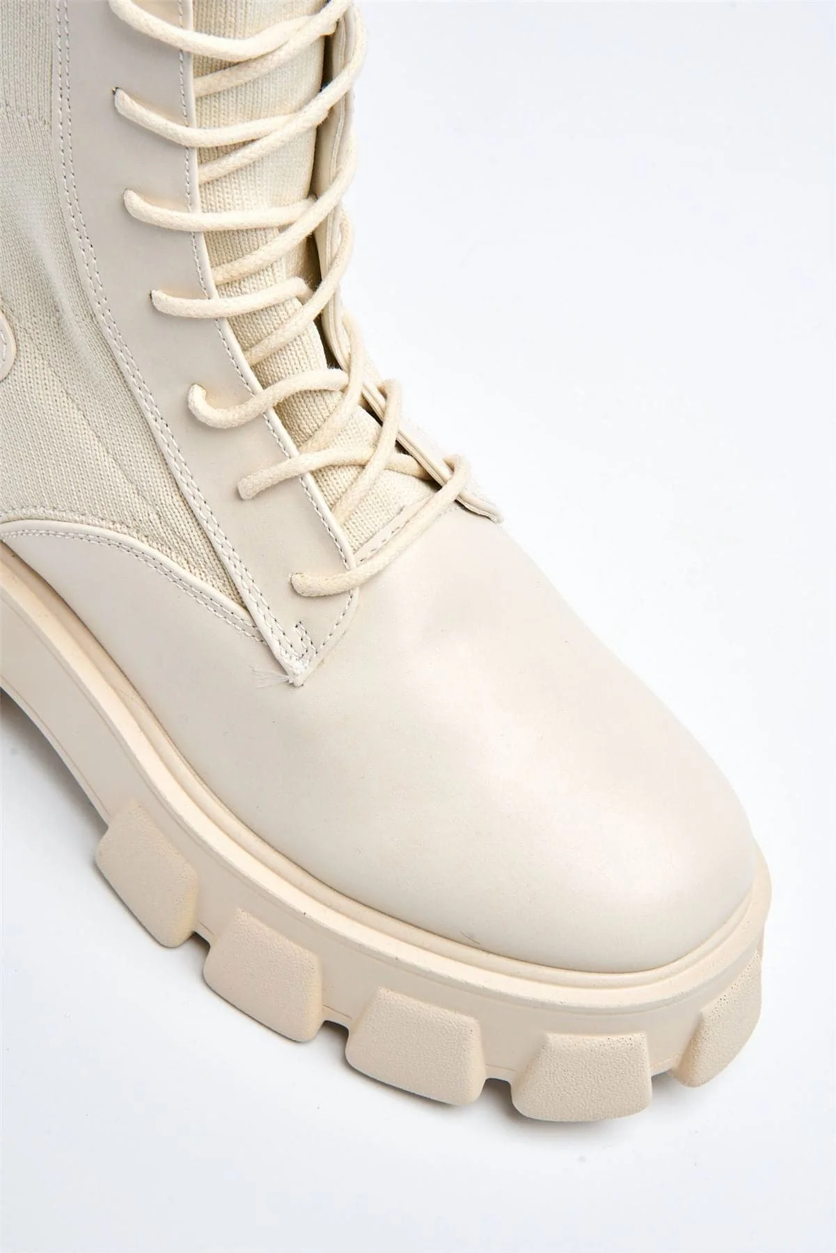 Monica Chunky Lace-up Calf Boot in Beige - Image 7