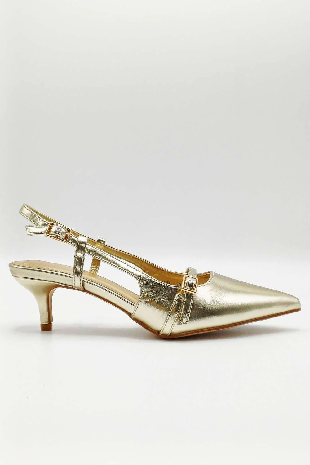 Moranna Buckle Strap Kitten Heel Court Shoes in Gold - Image 4