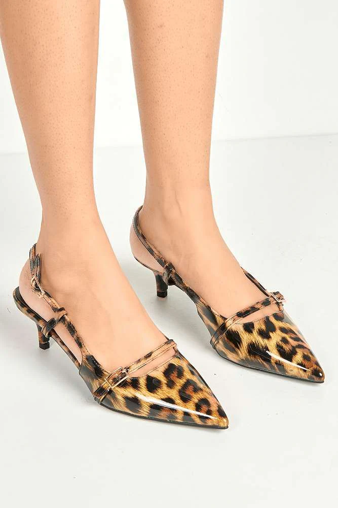 Moranna Buckle Strap Kitten Heel Court Shoes in Leopard