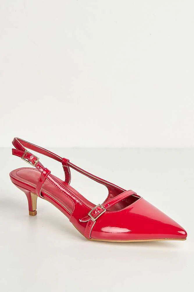 Moranna Buckle Strap Kitten Heel Court Shoes in Red - Image 4