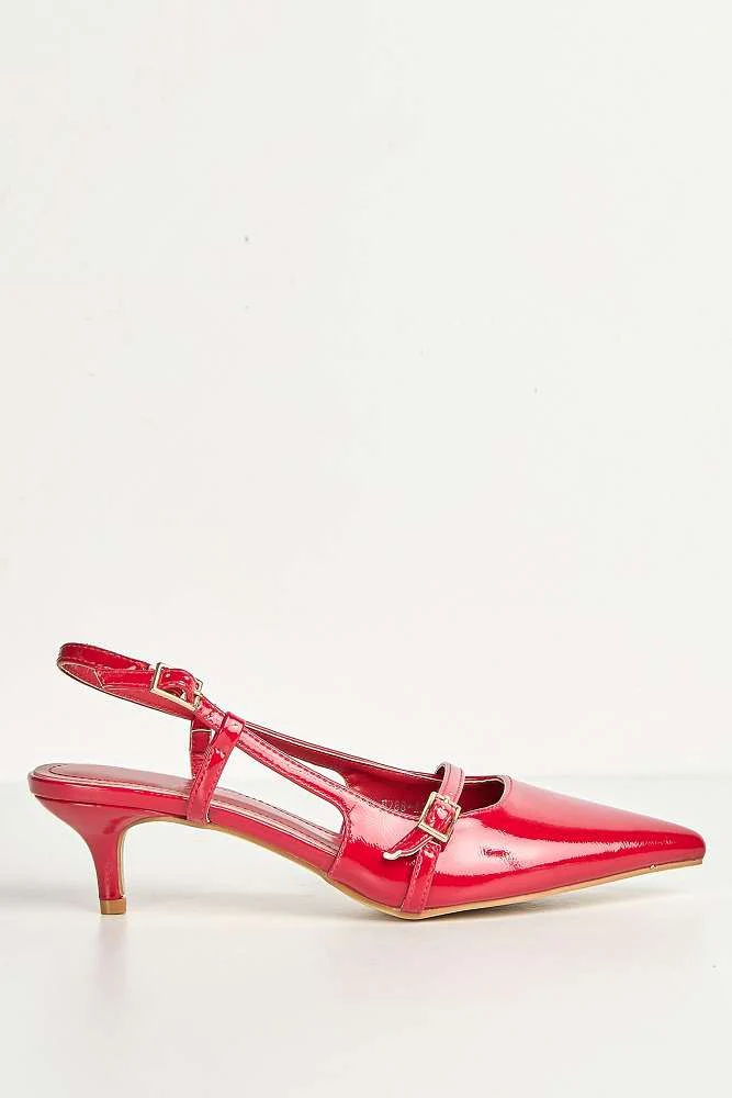 Moranna Buckle Strap Kitten Heel Court Shoes in Red - Image 6