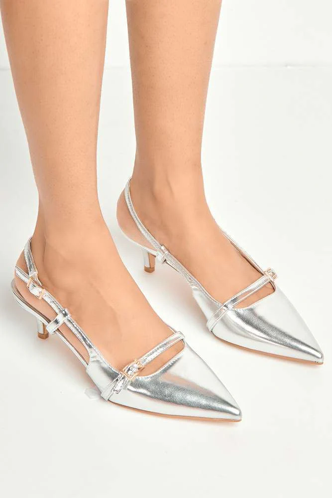Moranna Buckle Strap Kitten Heel Court Shoes in Silver - Image 3