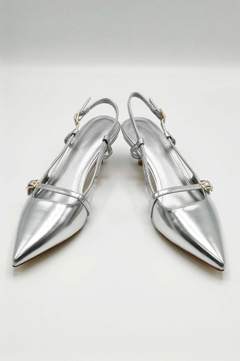 Moranna Buckle Strap Kitten Heel Court Shoes in Silver - Image 4