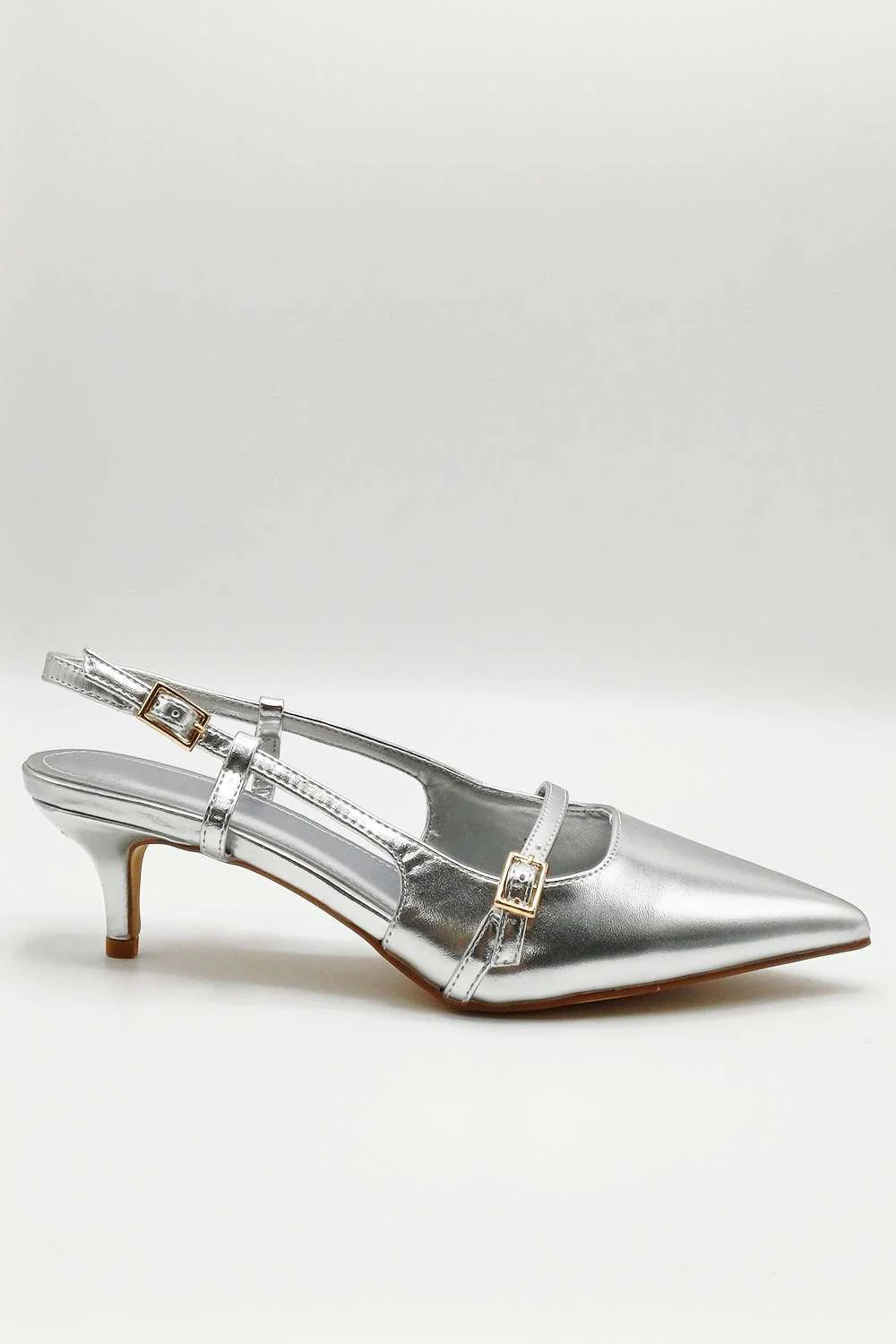 Moranna Buckle Strap Kitten Heel Court Shoes in Silver - Image 5