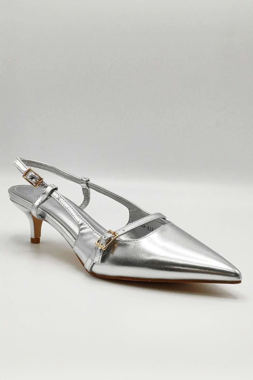 Moranna Buckle Strap Kitten Heel Court Shoes in Silver - Image 6