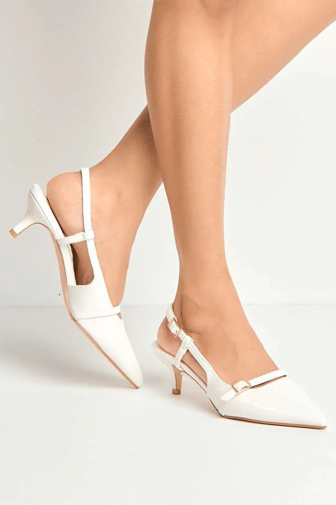 Moranna Buckle Strap Kitten Heel Court Shoes in White - Image 2