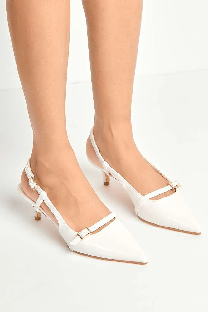 Moranna Buckle Strap Kitten Heel Court Shoes in White - Image 3