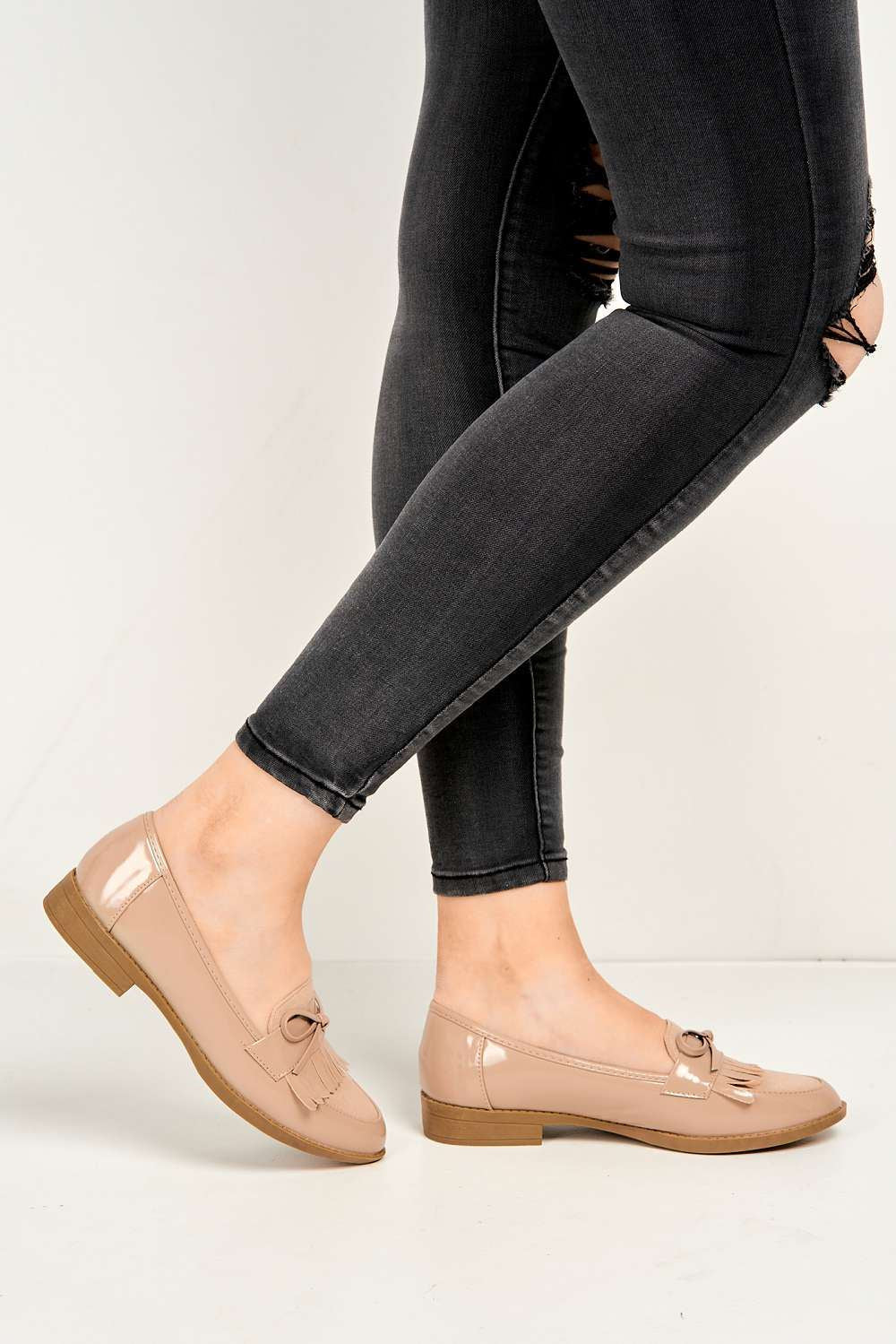 Morgan Fringe Detail Bow Loafers in Beige - Image 2