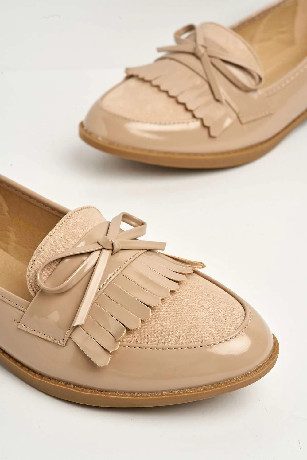 Morgan Fringe Detail Bow Loafers in Beige - Image 4