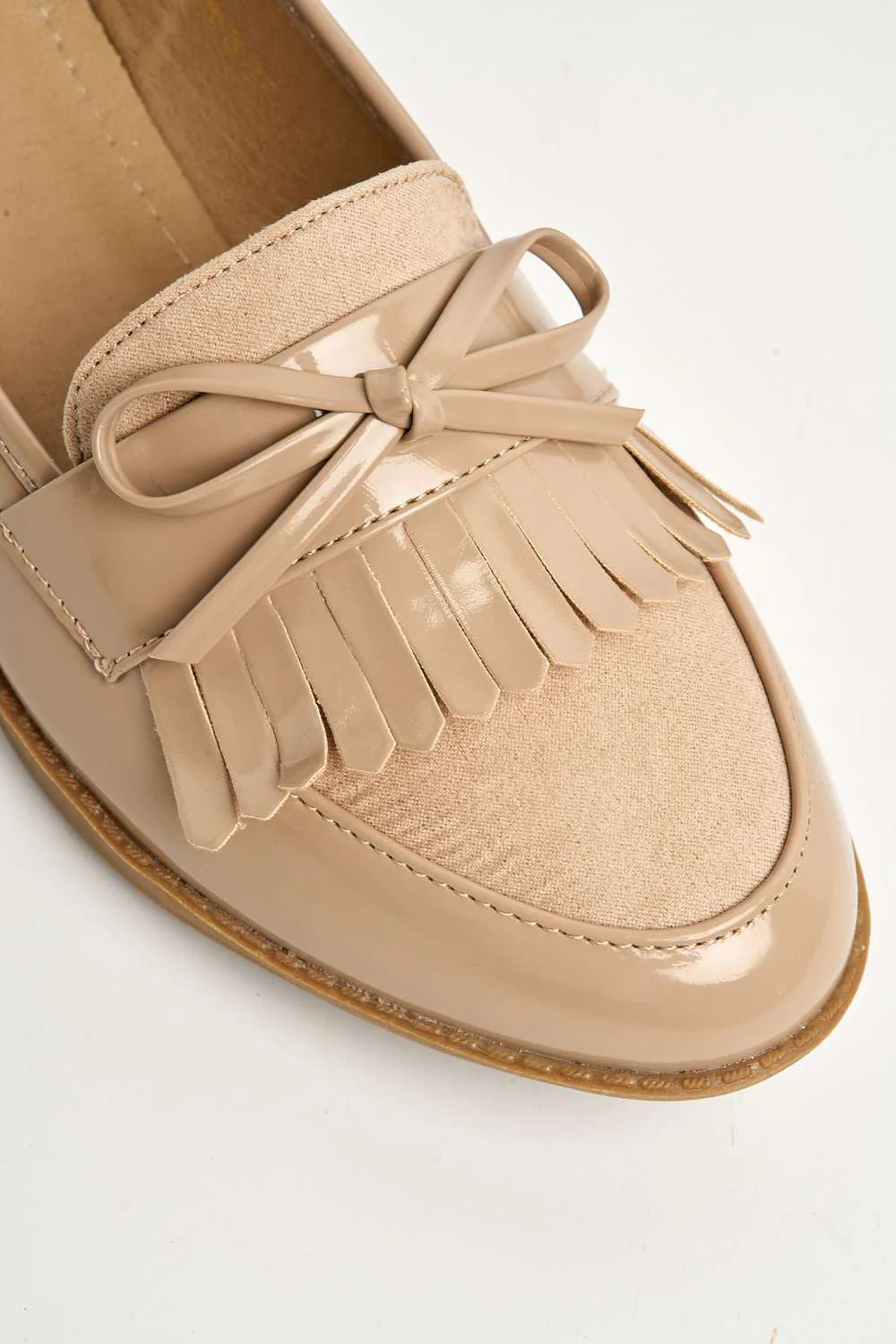 Morgan Fringe Detail Bow Loafers in Beige - Image 5