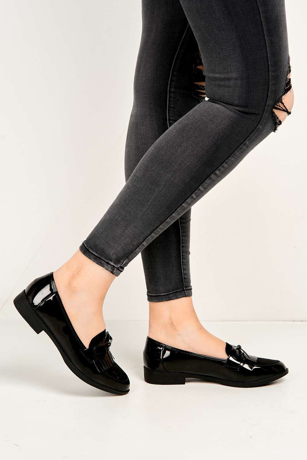 Morgan Fringe Detail Bow Loafers in Black - Image 2