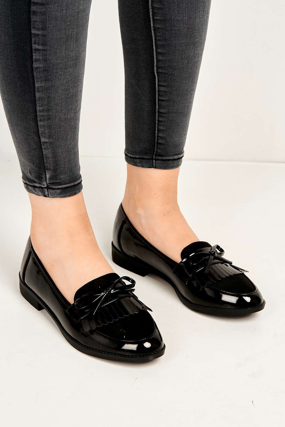 Morgan Fringe Detail Bow Loafers in Black - Image 3
