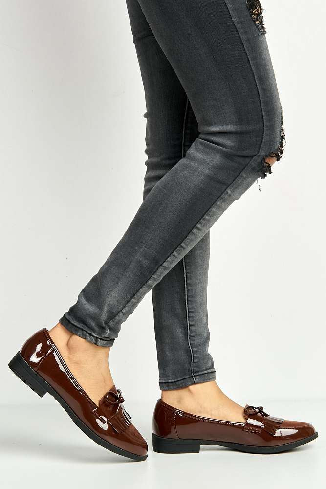 Morgan Fringe Detail Bow Loafers in Brown - Image 3