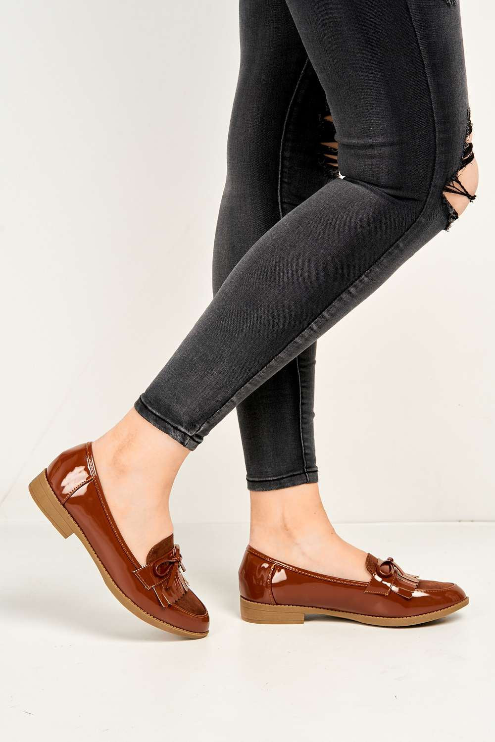 Morgan Fringe Detail Bow Loafers in Camel - Image 3